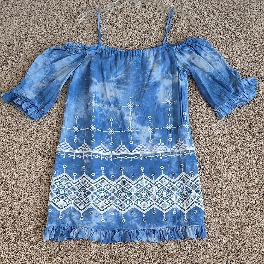 BCBG Maxazria sz S Boho Blue Tie-Dye Off-Shoulder Dress